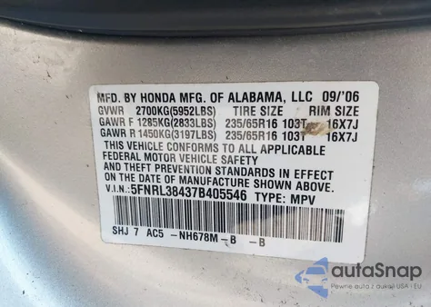2007 Honda Odyssey Ex from USA, damaged, VIN 5FNRL38437B405546